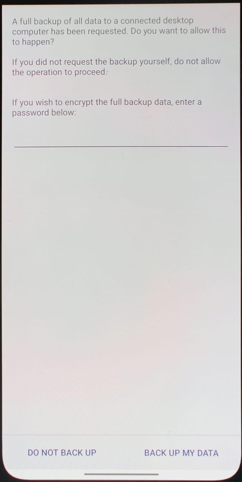 Android backup encryption prompt