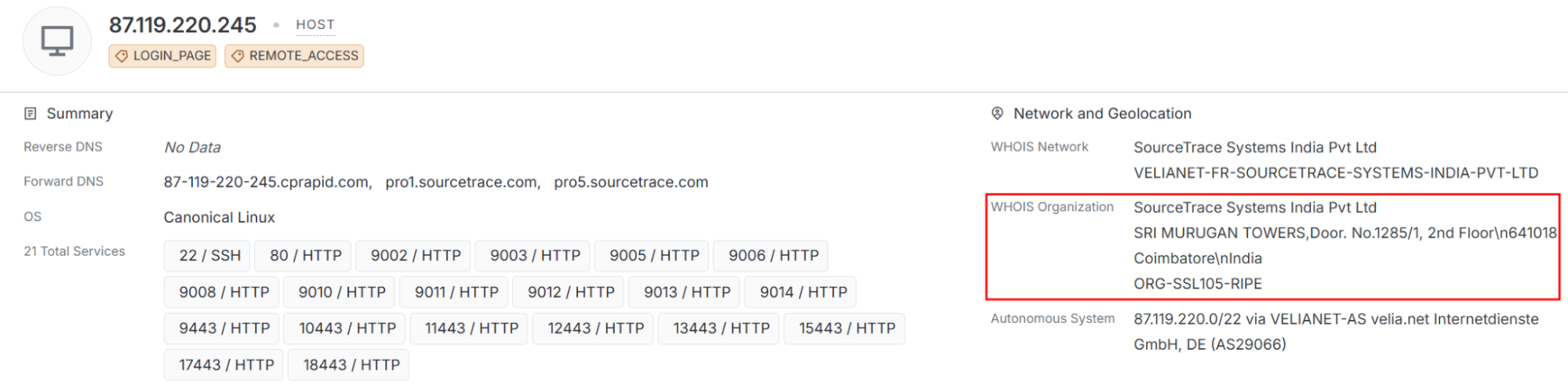 Censys search results for C2 IP address