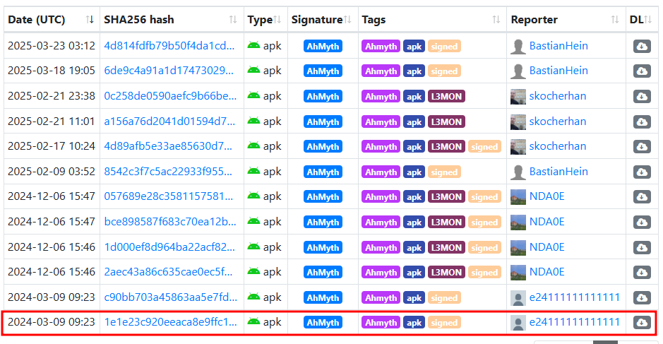 MalwareBazaar search results for AhMyth samples