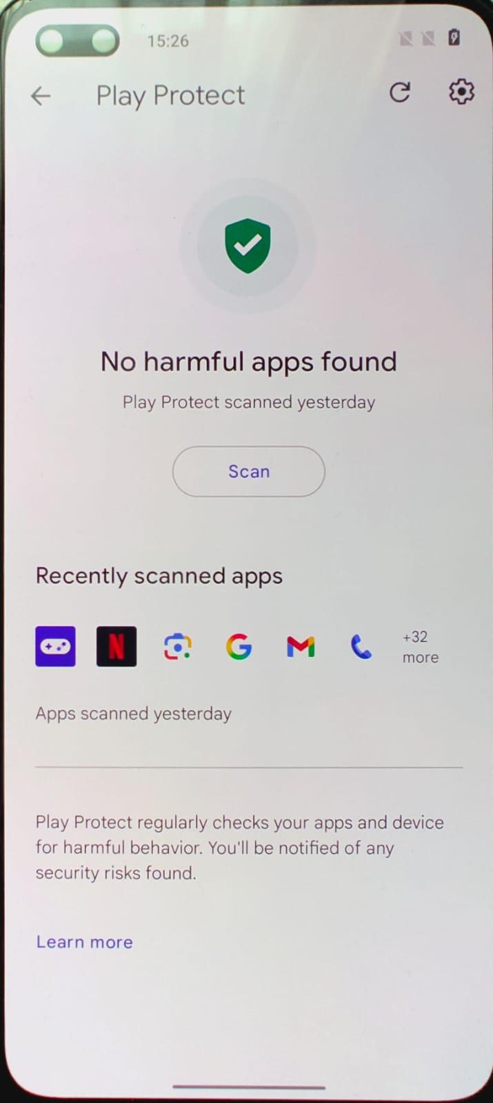 Google Play Protect scan showing no harmful apps