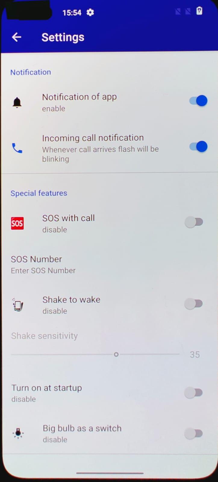 Flashlight app settings showing suspicious features