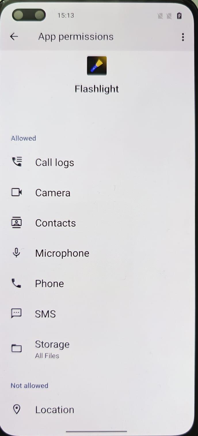 Flashlight app permissions showing excessive access